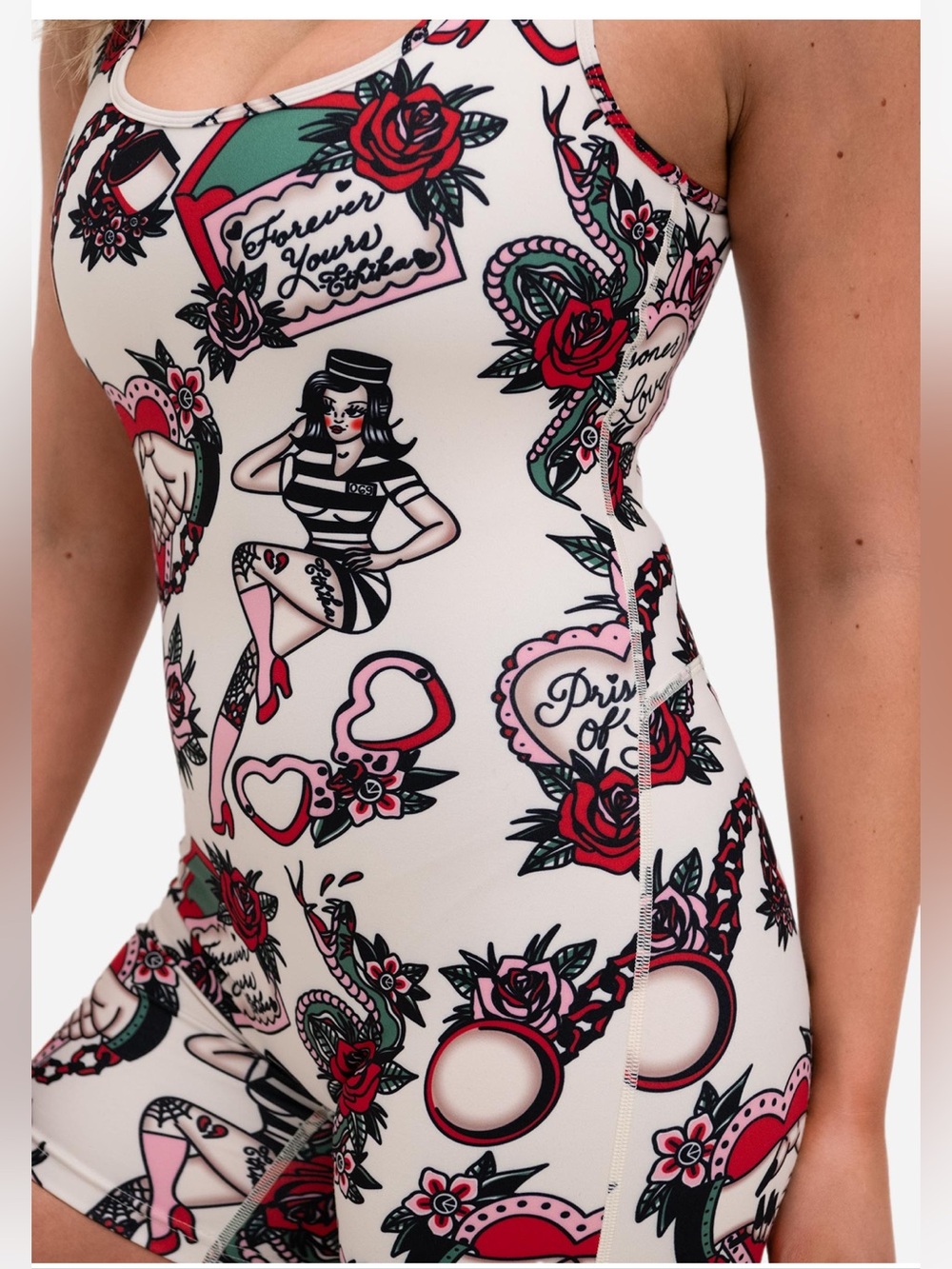 Ethika LOVE BIKERSHORT ROMPER with Red & Black Retro Tattoo Print Size S